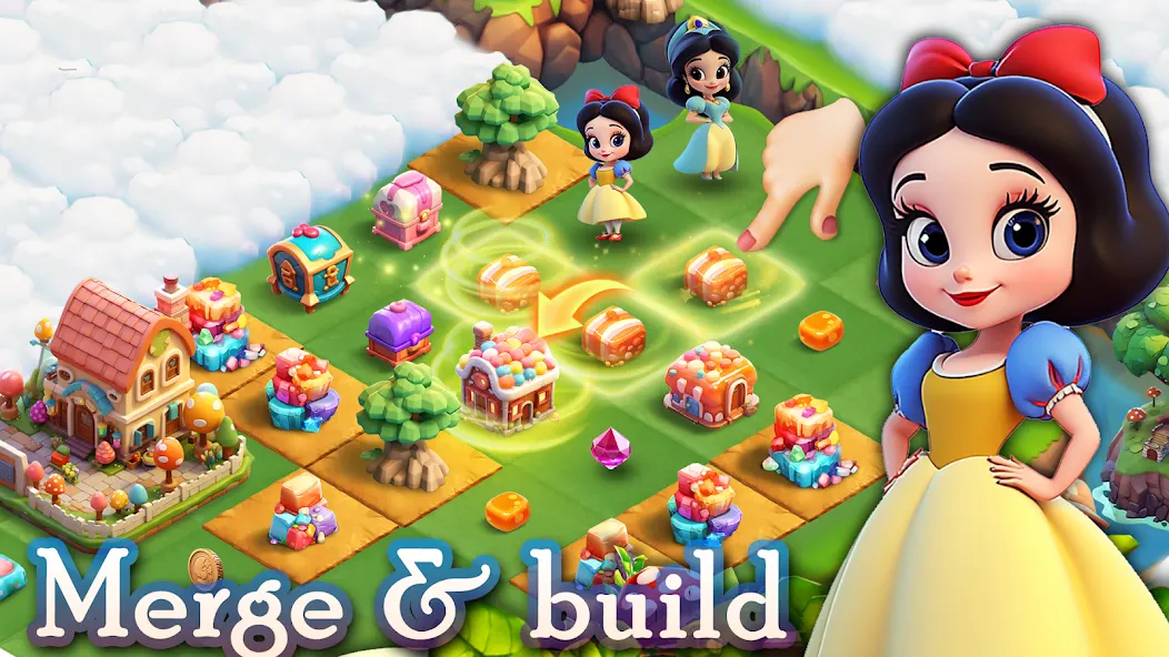 Merge Isle magical island merge board with princess characters and treasure chests.