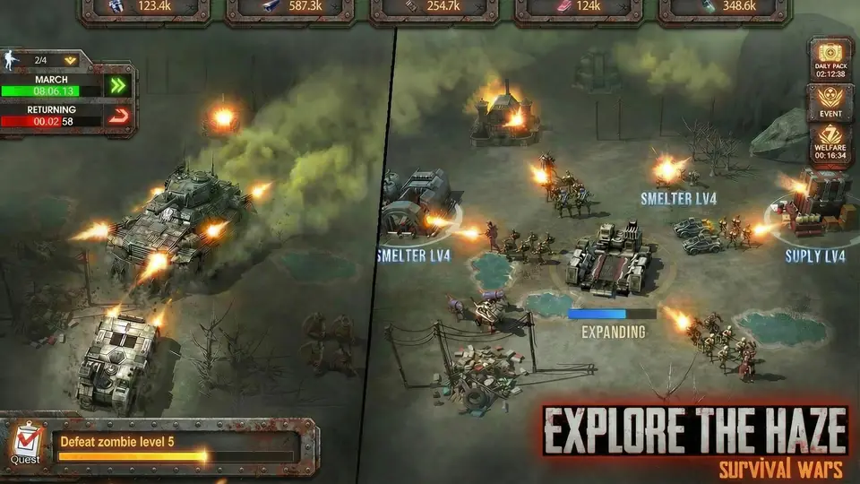 Over Hazed product screenshot showing resource counters, march and returning timers, and structures in the haze.