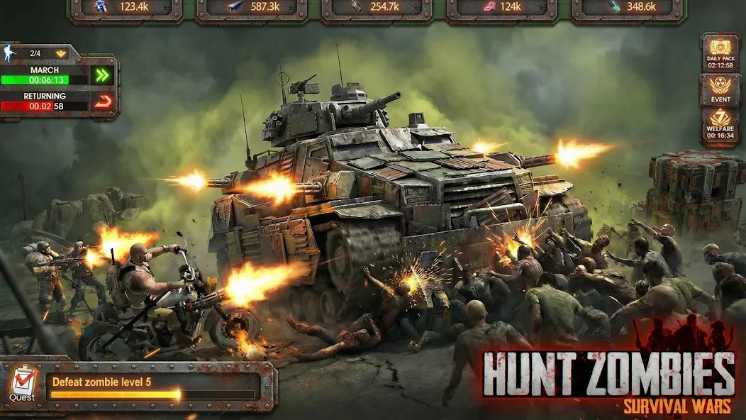 Over Hazed zombie survival battle with a mobile fortress and armored vehicle.