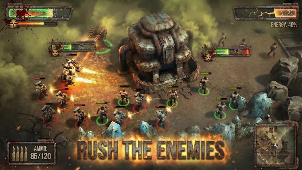 Over Hazed post-apocalyptic RTS battle scene with vehicle combat and soldiers.