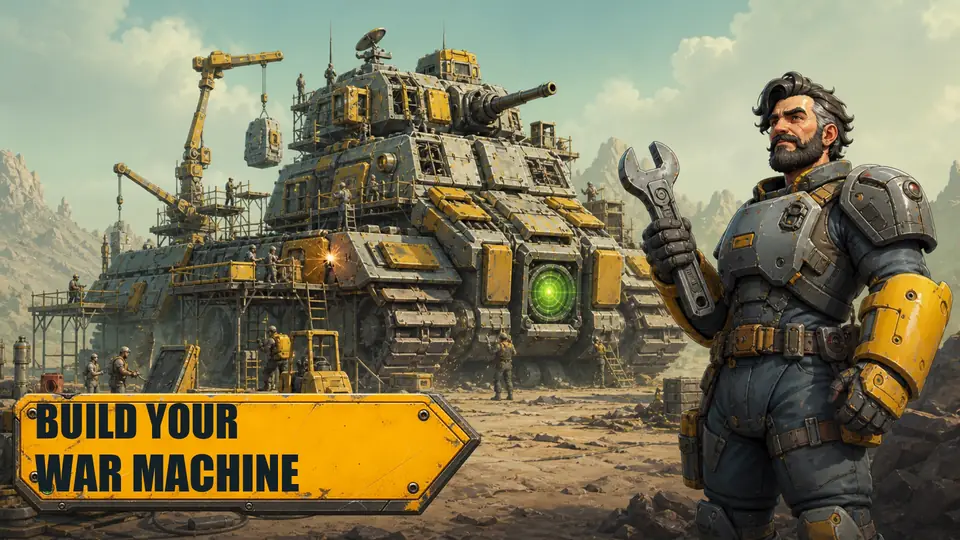 A mechanic and crane upgrade an enormous mobile fortress.