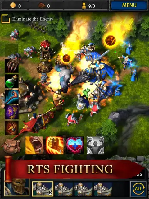 Alliance at War battle interface showing a fantasy mobile strategy encounter.